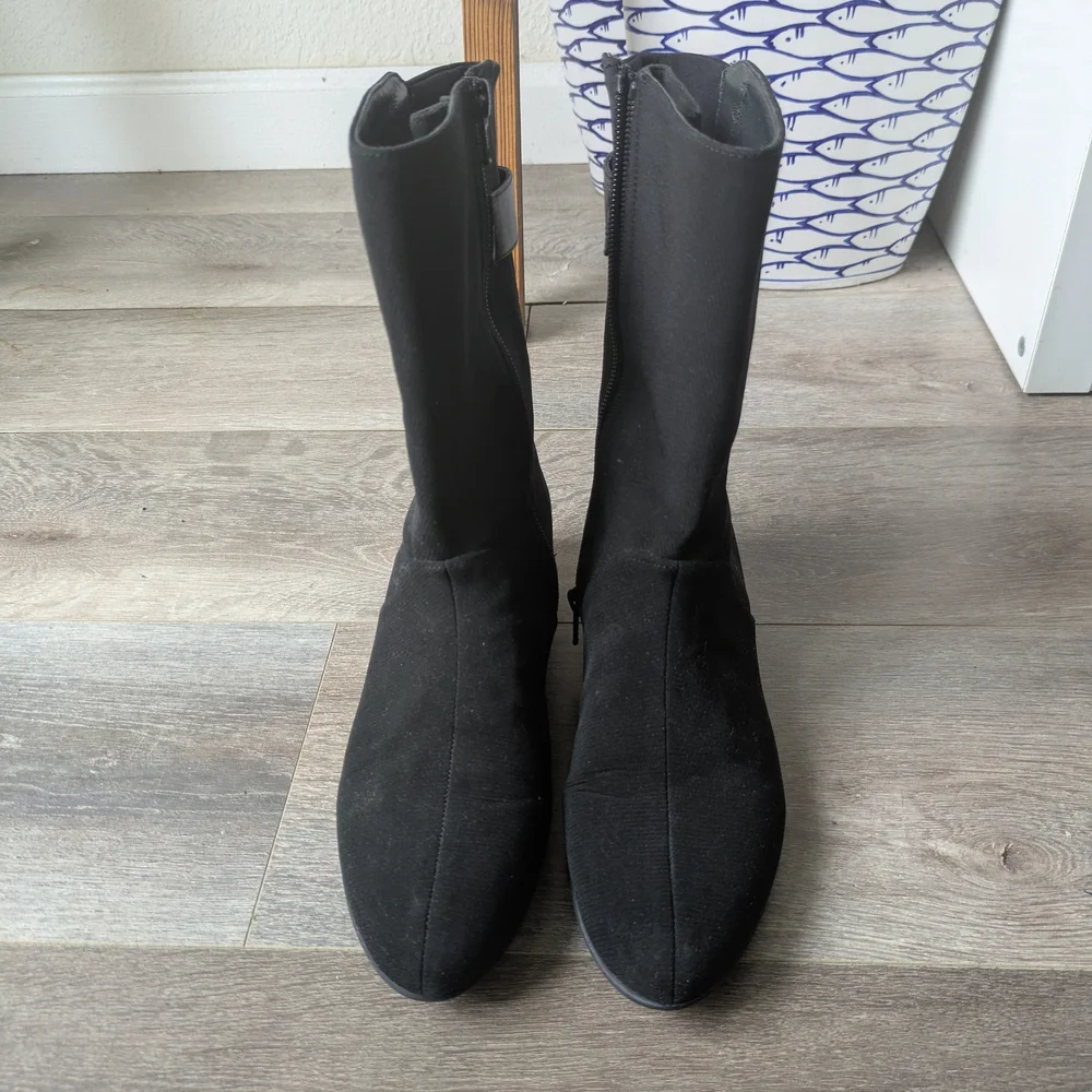 Stuart Weitzman Black Suede Wedge Boots with Buckle - Size 6